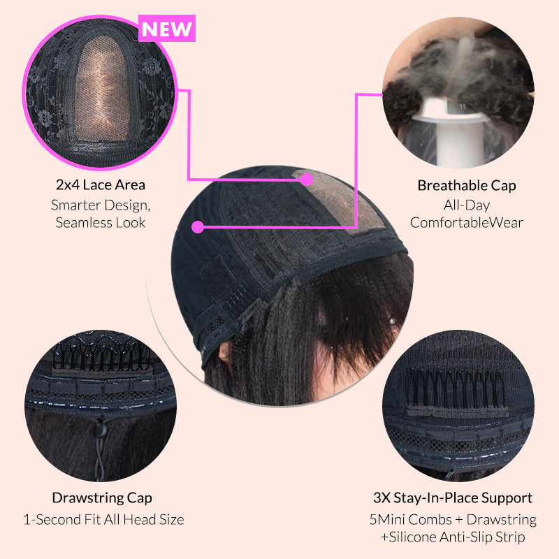 Yaki Straight Short Bob Wig With Bangs 2x4 Lace Wig Wear Go Glueless Black Flash Sale-Amanda Hair