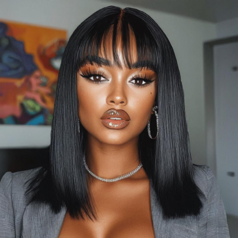 Yaki Straight Short Bob Wig With Bangs 2x4 Lace Wig Wear Go Glueless Black Flash Sale-Amanda Hair