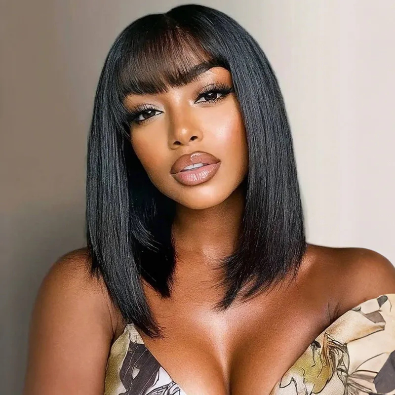 Yaki Straight Short Bob Wig With Bangs 2x4 Lace Wig Wear Go Glueless Black Flash Sale-Amanda Hair