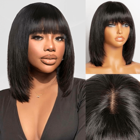 Yaki Straight Short Bob Wig With Bangs 2x4 Lace Wig Wear Go Glueless Black Flash Sale-Amanda Hair