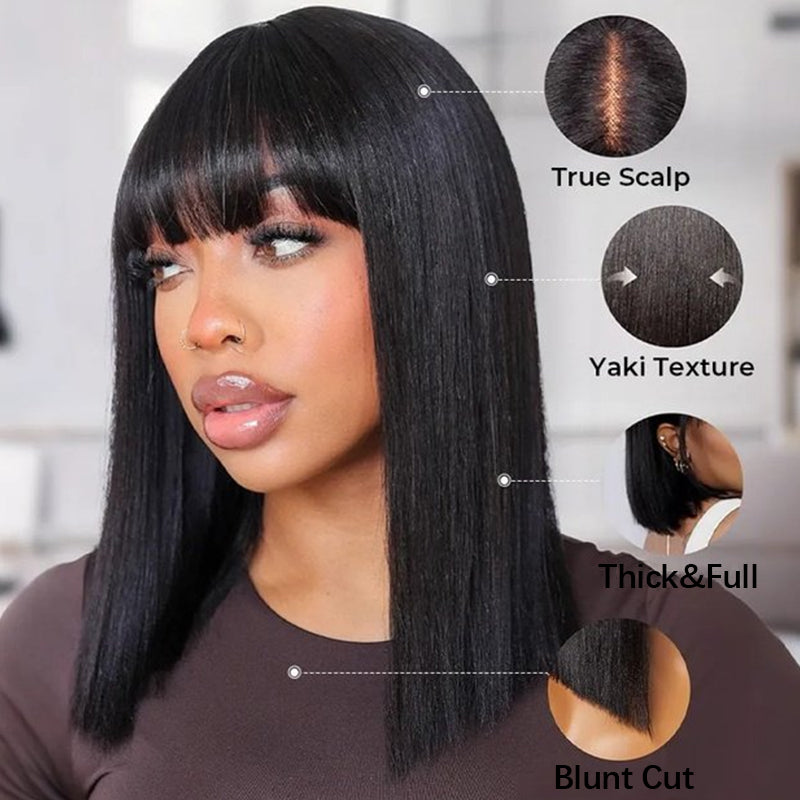 Yaki Straight Short Bob Wig With Bangs 2x4 Lace Wig Wear Go Glueless Black Flash Sale-Amanda Hair