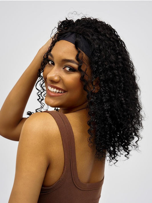 Especially Yours Curly Headband Wig Shoulder-Length Layers of Natural Spiral Curls with Full, Bouncy Volume, Comfy Stretch Band/Runway Shades of Black Headband Kinky Curly Synthetic Hair Wigs For African American Women 16 Inch (Black)